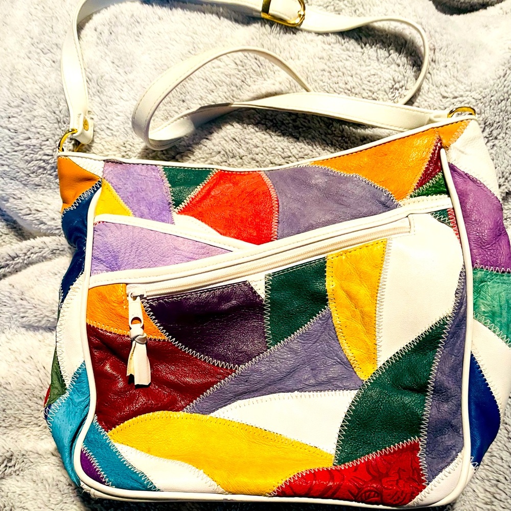 Vintage OKA Leather Patchwork Ladies Handbag Purse Multicolor White  Gorgeous ❤️
